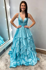 Aqua Blue Hot Stone Multi-Layer Ruffle Long Prom Dress