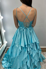 Aqua Blue Hot Stone Multi-Layer Ruffle Long Prom Dress