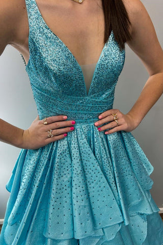 Aqua Blue Hot Stone Multi-Layer Ruffle Long Prom Dress