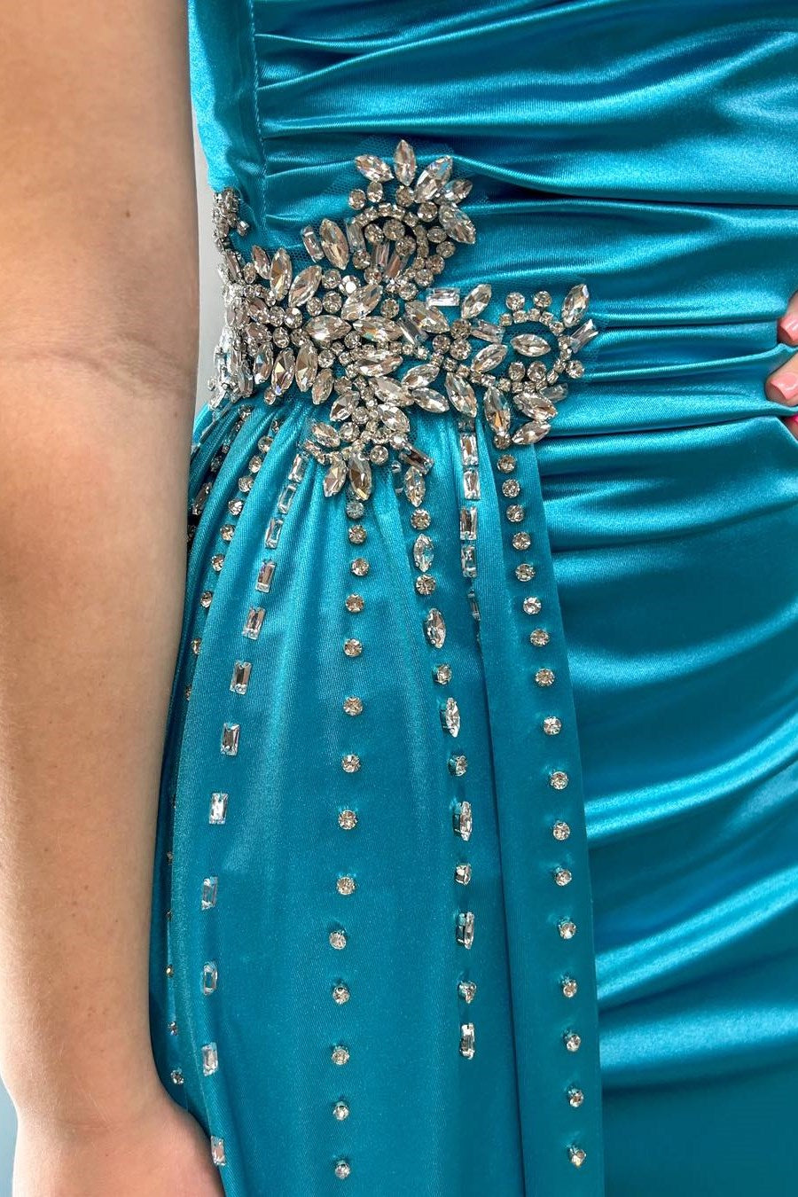 Teal Blue Beaded Spaghetti Strap Long Gown with Attached Train