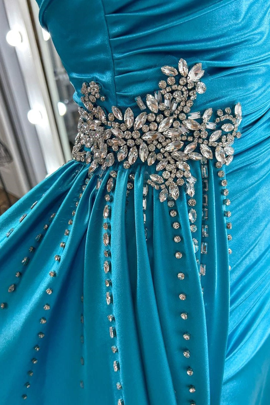 Teal Blue Beaded Spaghetti Strap Long Gown with Attached Train