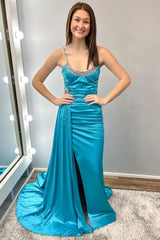 Teal Blue Beaded Spaghetti Strap Long Gown with Attached Train