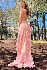 Pink Ruffle Lace-Up Long Prom Dress with Slit