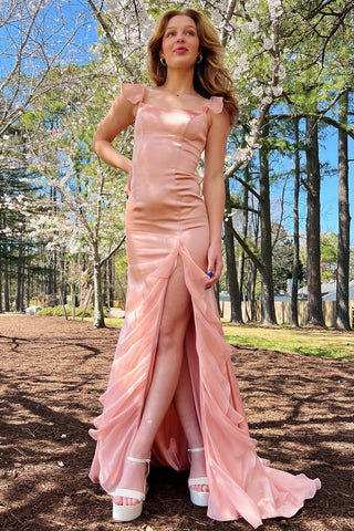 Pink Ruffle Lace-Up Long Prom Dress with Slit