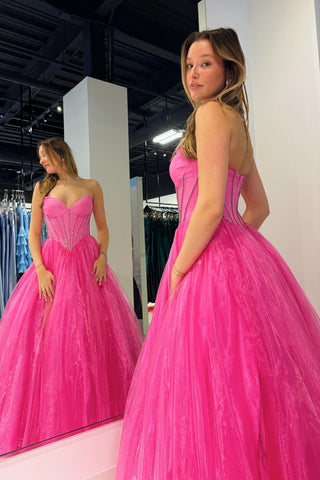 Strapless Beaded Ball Gown with Slit in Hot Pink