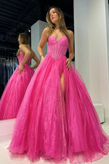 Strapless Beaded Ball Gown with Slit in Hot Pink