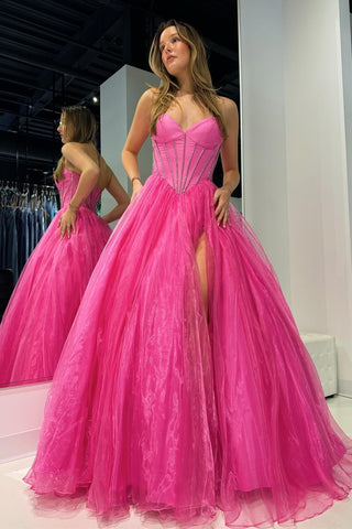 Strapless Beaded Ball Gown with Slit in Hot Pink