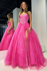 Strapless Beaded Ball Gown with Slit in Hot Pink