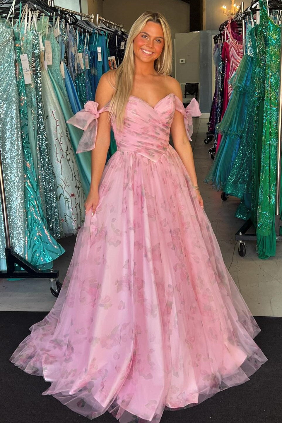 Pink Print Off-the-Shoulder A-Line Long Prom Dress