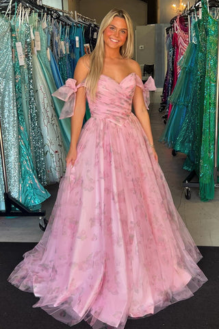 Pink Print Off-the-Shoulder A-Line Long Prom Dress