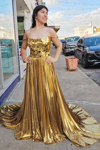 Metallic Off-the-Shoulder Pleated Prom Dress with Broken Mirrors in gold