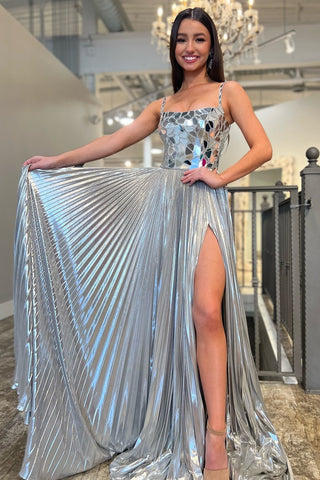 Metallic Off-the-Shoulder Pleated Prom Dress with Broken Mirrors in silver