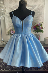 Light Blue Beaded Spaghetti Strap Short Homecoming Dress