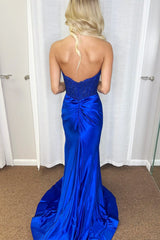 Royal Blue Strapless Trumpet Pleated Long Formal Dress with Slit