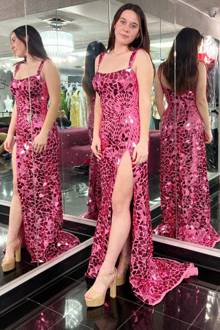 Cut Glass Mirror Long Prom Dress with Slit in Pink