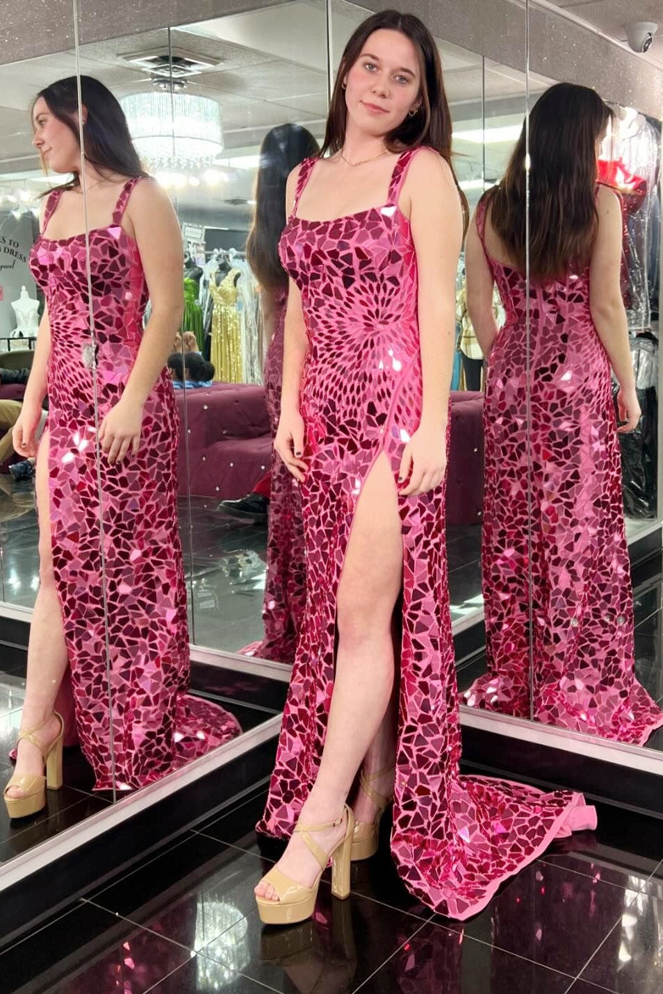 Cut Glass Mirror Long Prom Dress with Slit in Pink – Shedestiny