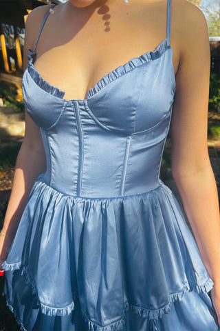 Periwinkle Corset Multi-Layer Ruffle Long Prom Dress