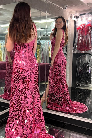 Cut Glass Mirror Long Prom Dress with Slit in Pink