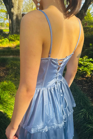 Periwinkle Corset Multi-Layer Ruffle Long Prom Dress