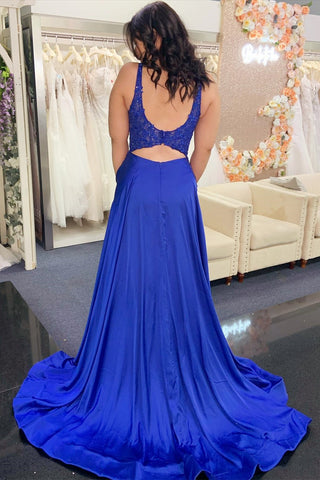 Royal Blue Scoop Neck Appliques Long Prom Dress with Slit