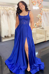 Royal Blue Scoop Neck Appliques Long Prom Dress with Slit