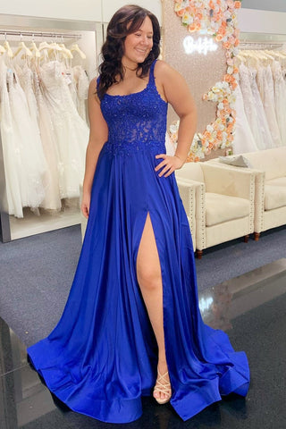 Royal Blue Scoop Neck Appliques Long Prom Dress with Slit