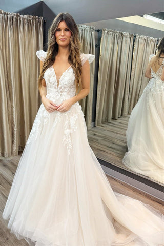 White Appliques V-Neck A-Line Gown with Flutter Sleeves