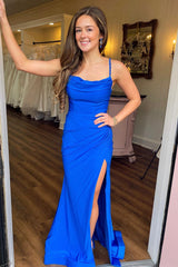 Red Cowl Neck Cutout Back Ruching Long Prom Dress with Slit