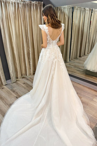 back of White Appliques V-Neck A-Line Gown with Flutter Sleeves