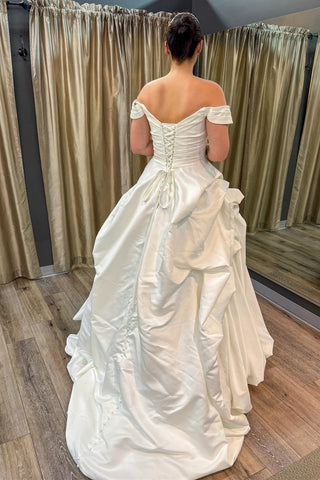 back of White Off-the-Shoulder Bridal Gown with Irregular Ruffles
