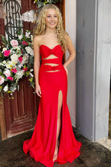 Red Strapless Cutout Mermaid Long Prom Dress with Slit