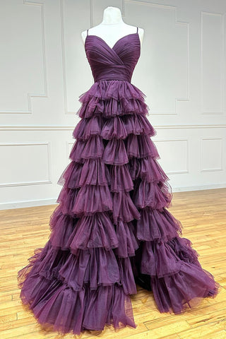 Plum Surplice Lace-Up Ruffle Tiered Prom Gown
