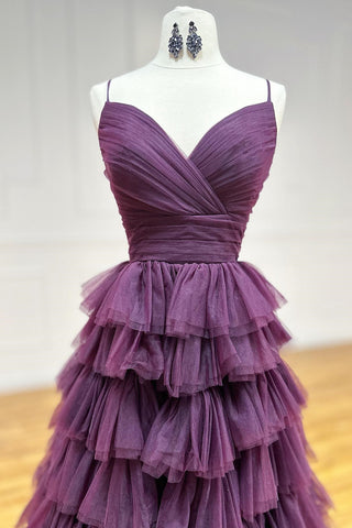 top of Plum Surplice Lace-Up Ruffle Tiered Prom Gown