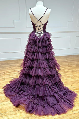 back of Plum Surplice Lace-Up Ruffle Tiered Prom Gown