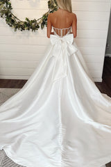 White Strapless Sheer Back Long Wedding Dress with Bow