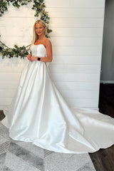 White Strapless Sheer Back Long Wedding Dress with Bow