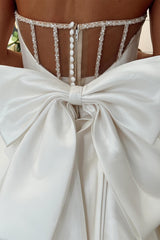 White Strapless Sheer Back Long Wedding Dress with Bow