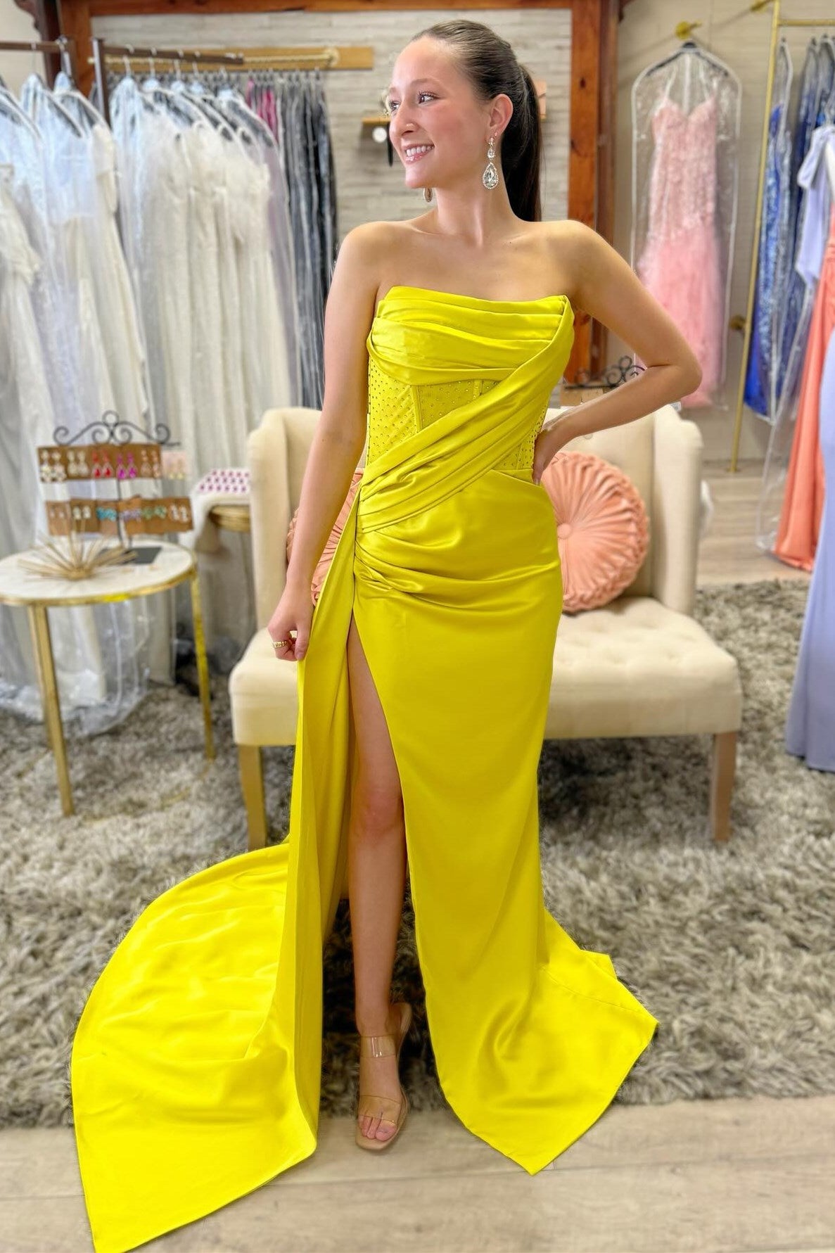 Strapless Beaded Ruched Maxi Dress with Attached Train in yellow