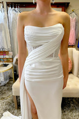 Strapless Beaded Ruched Maxi Dress with Attached Train in white