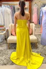 back of Strapless Beaded Ruched Maxi Dress with Attached Train in yellow