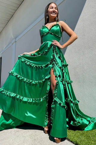 Green V-Neck Backless Ruffle A-Line Prom Gown with Slit