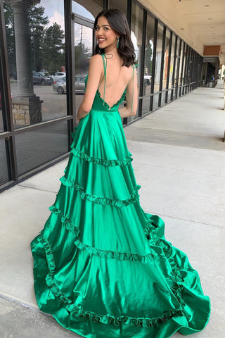 back of Green V-Neck Backless Ruffle A-Line Prom Gown with Slit