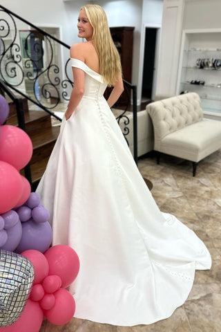 back of Minimalist White Off-the-Shoulder Wedding Dress