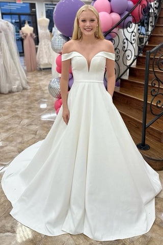 Minimalist White Off-the-Shoulder Wedding Dress