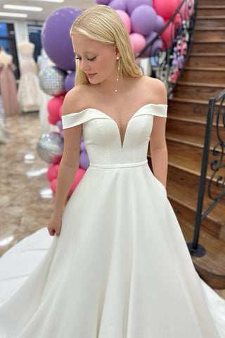 Minimalist White Off-the-Shoulder Wedding Dress