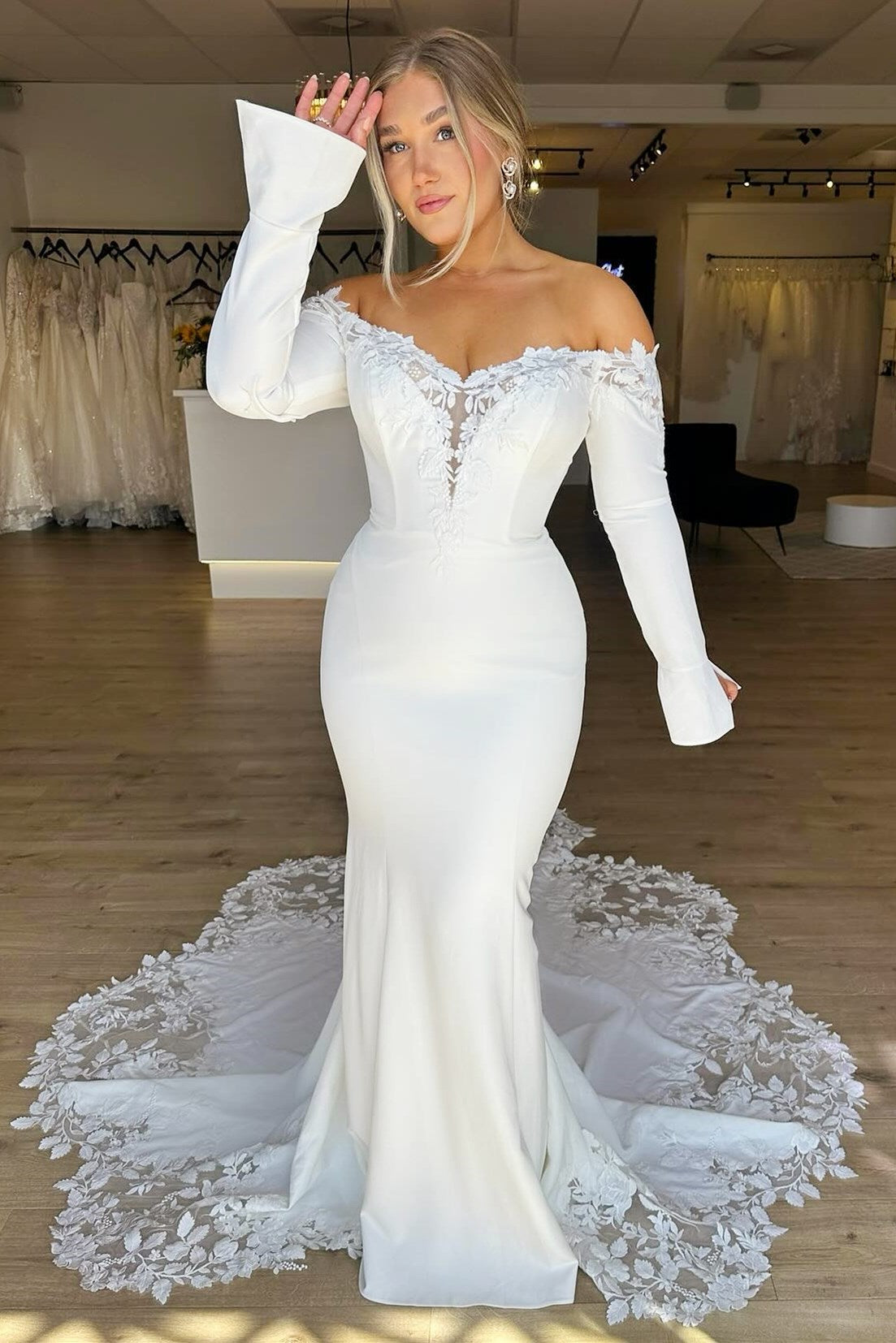 White Lace Off-the-Shoulder Mermaid Wedding Dress