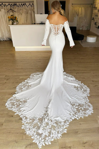 back of White Lace Off-the-Shoulder Mermaid Wedding Dress