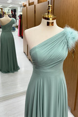 One-Shoulder Sage Long Bridesmaid Dress with Feathers