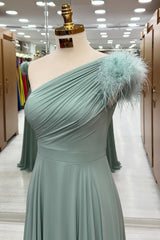 One-Shoulder Sage Long Bridesmaid Dress with Feathers