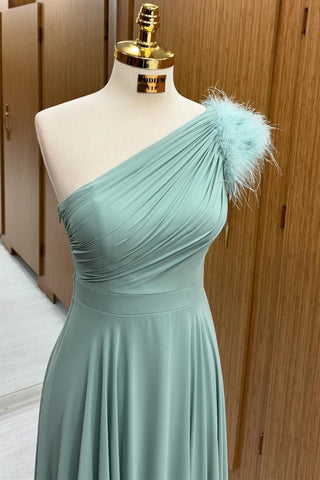 One-Shoulder Sage Long Bridesmaid Dress with Feathers